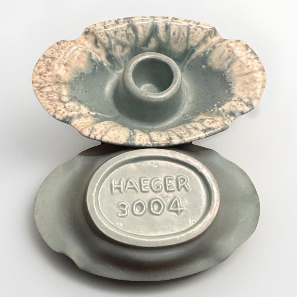 VTG Set 2‎ HAEGER Pottery Taper Candle Holders Lily Pad Turquoise Deco Vibe